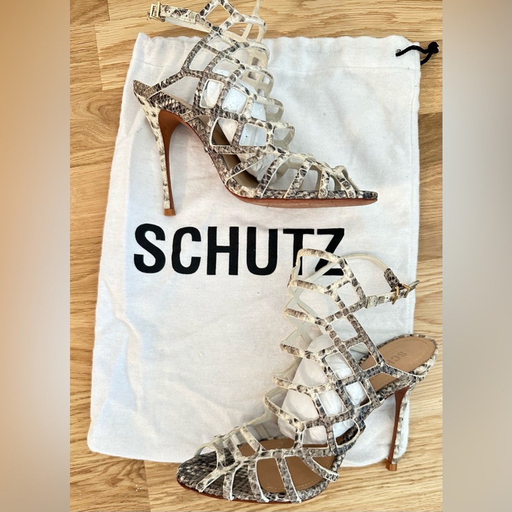 SCHUTZ Snakeskin Cage Strappy High Heels in White and Brown